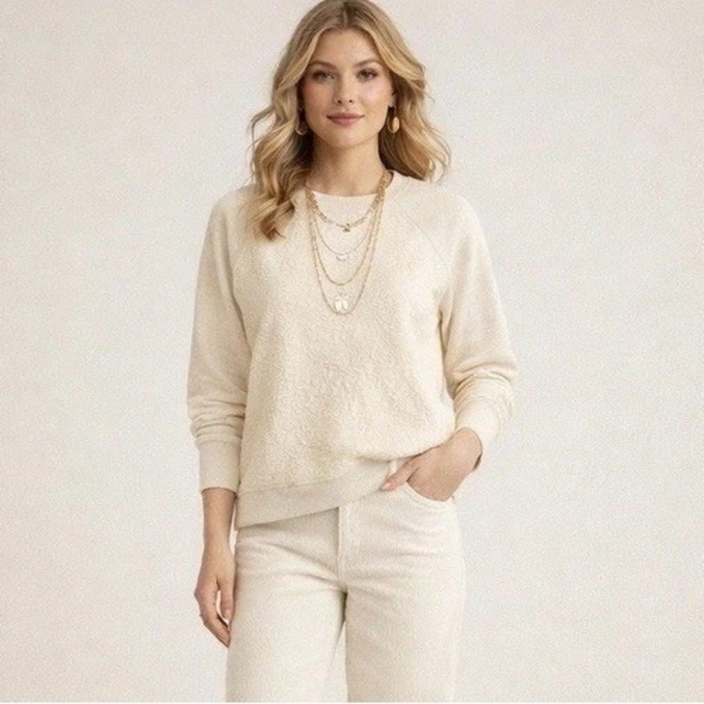 LRL Lauren Jeans Co Cream Crew Neck Sweatshirt Women's Lg Lace Front Early 2000s